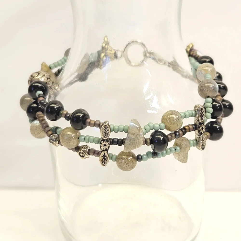 Labradorite and Deep Blue Tiger's Eye Triple Strand Beaded Bracelet